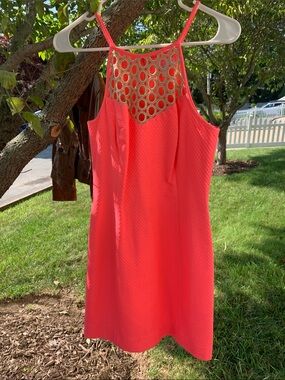 Lilly Pulitzer Coral Halter Mini Dress with Gold Lattice Detail